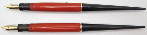 COMES WITH TWO PARKER DUOFOLD SENIOR FLAT TOP FOUNTAIN PENS. ORANGE WITH BLACK TAPOR. BUTTON FILLERS
